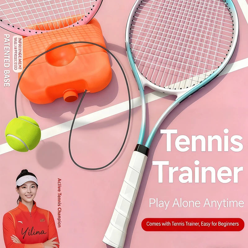 Solo Self-Practice Tennis Training Base with Elastic Rope Ball,Professional Tennis Rebound Trainer, Built-in Racket Storage Slot