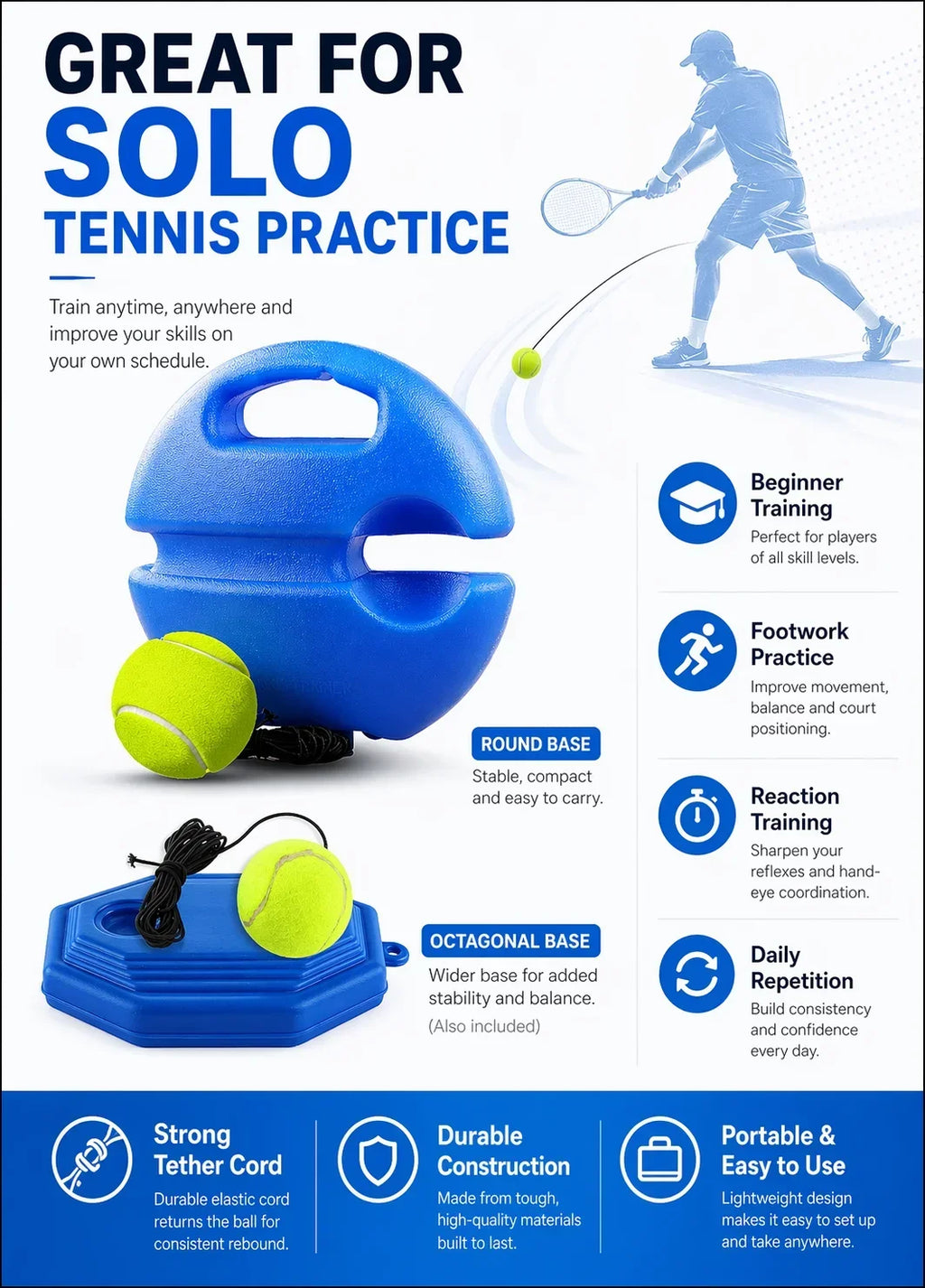 1A-Portable Tennis Trainer Rebound Ball Set Solo Practice Tool with Elastic Cord Training Base for Tennis Practice Anywhere