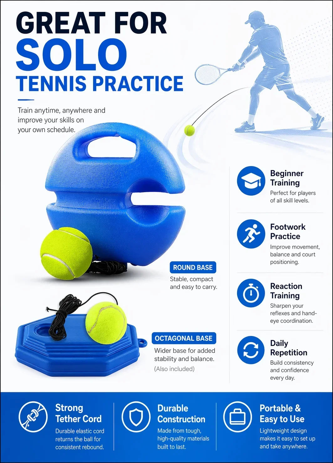 1A-Portable Tennis Trainer Rebound Ball Set Solo Practice Tool with Elastic Cord Training Base for Tennis Practice Anywhere