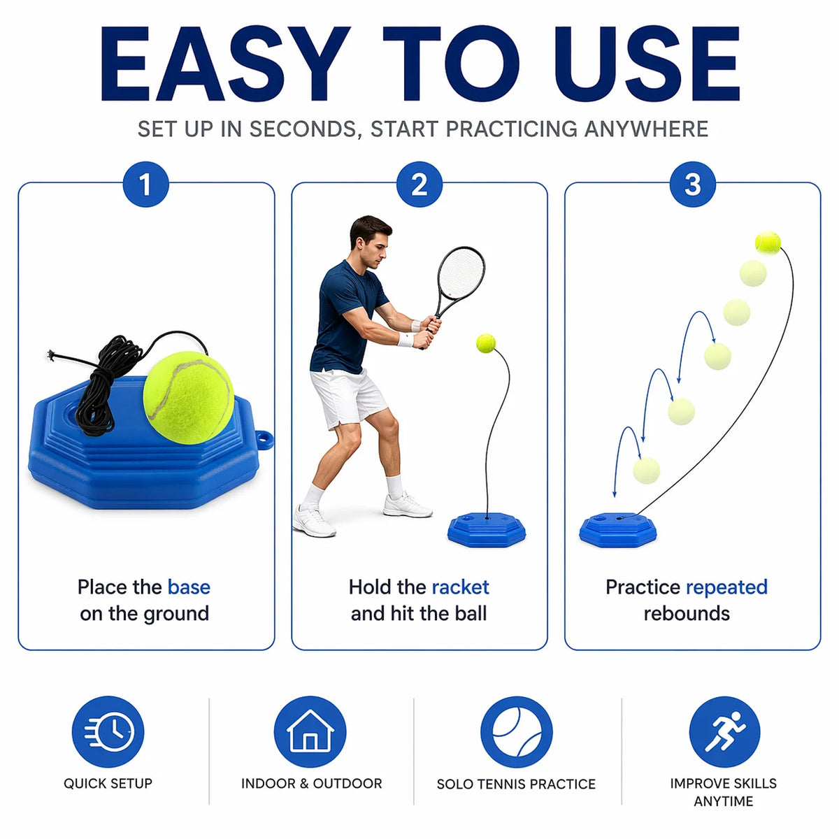 1A-Portable Tennis Trainer Rebound Ball Set Solo Practice Tool with Elastic Cord Training Base for Tennis Practice Anywhere