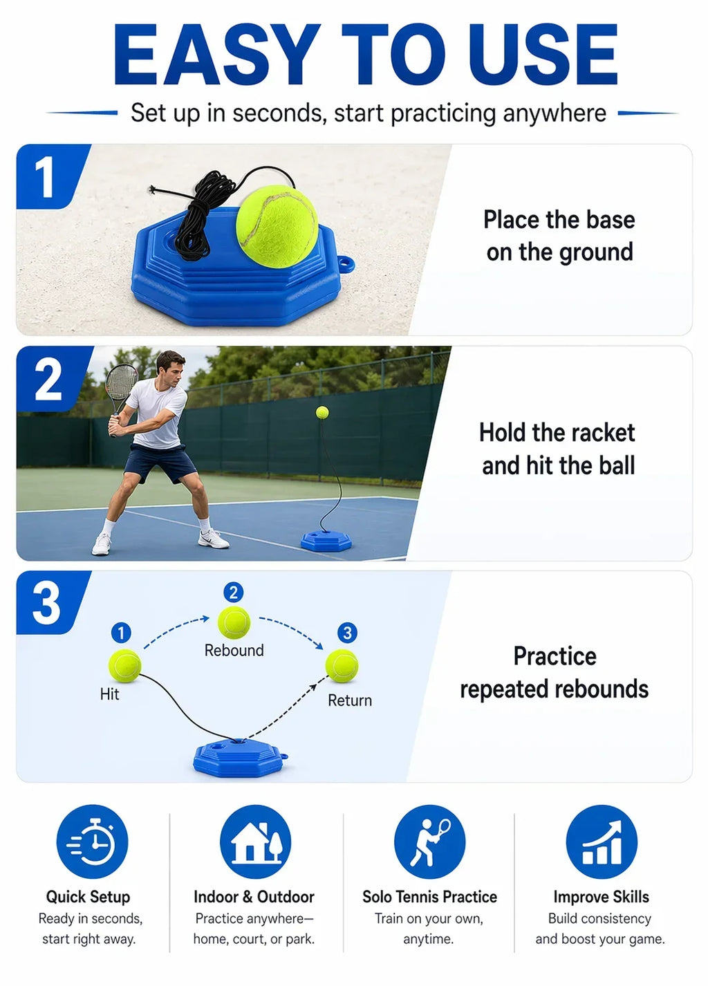 1A-Portable Tennis Trainer Rebound Ball Set Solo Practice Tool with Elastic Cord Training Base for Tennis Practice Anywhere