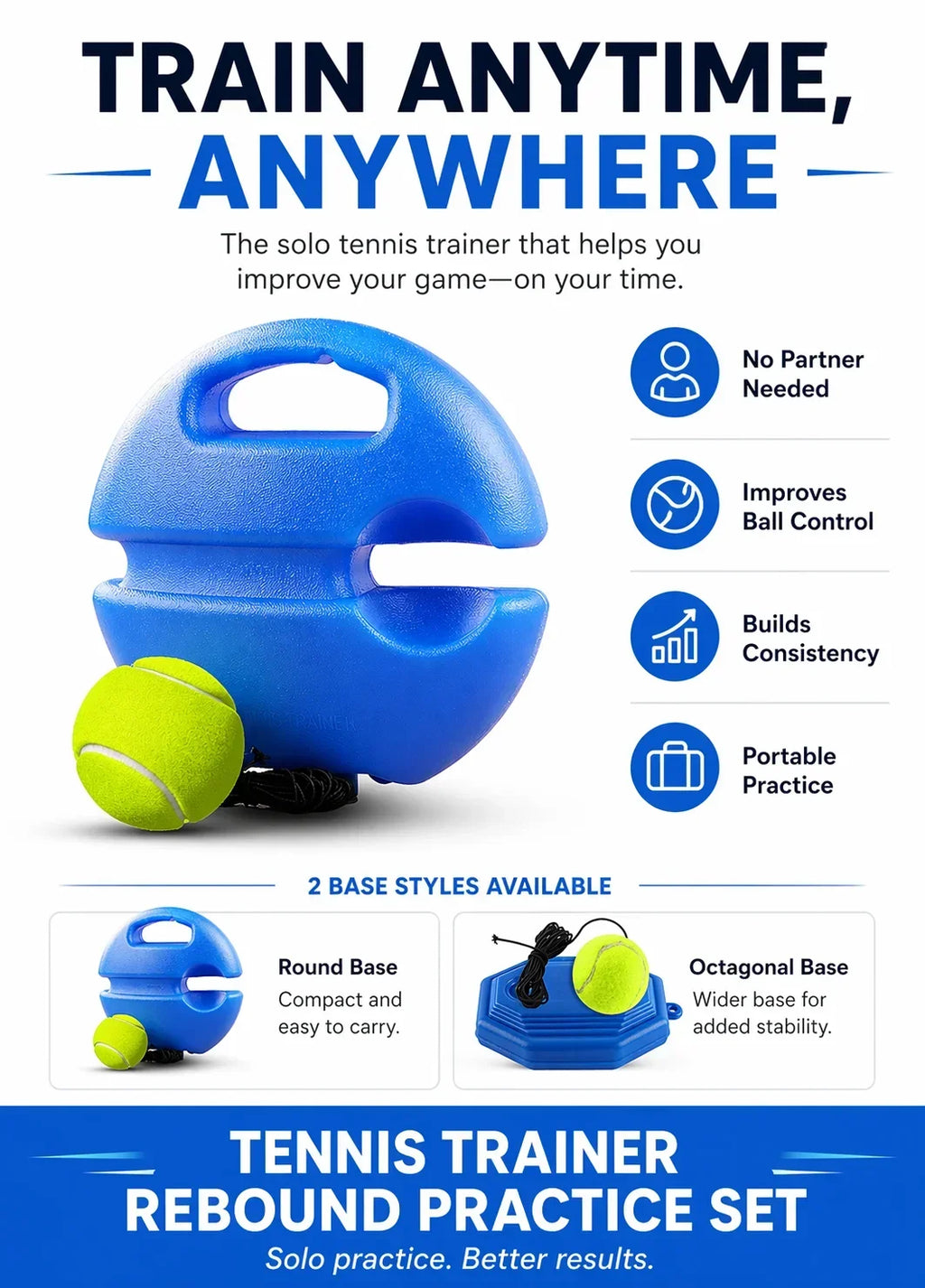 1A-Portable Tennis Trainer Rebound Ball Set Solo Practice Tool with Elastic Cord Training Base for Tennis Practice Anywhere