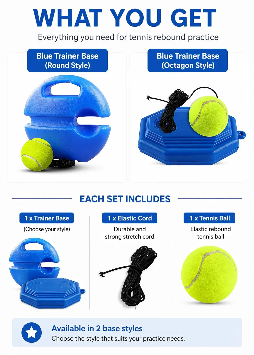 1A-Portable Tennis Trainer Rebound Ball Set Solo Practice Tool with Elastic Cord Training Base for Tennis Practice Anywhere