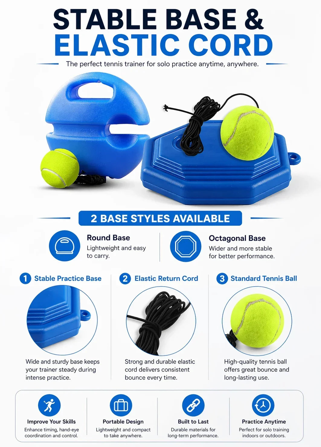 1A-Portable Tennis Trainer Rebound Ball Set Solo Practice Tool with Elastic Cord Training Base for Tennis Practice Anywhere