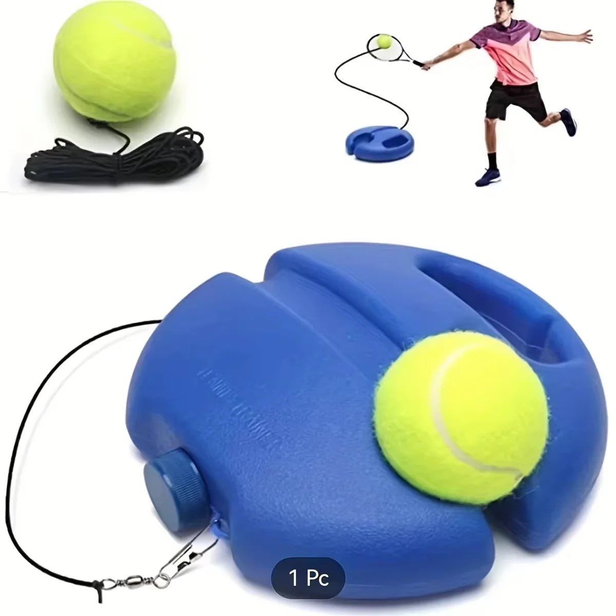 1A-Portable Tennis Trainer Rebound Ball Set Solo Practice Tool with Elastic Cord Training Base for Tennis Practice Anywhere