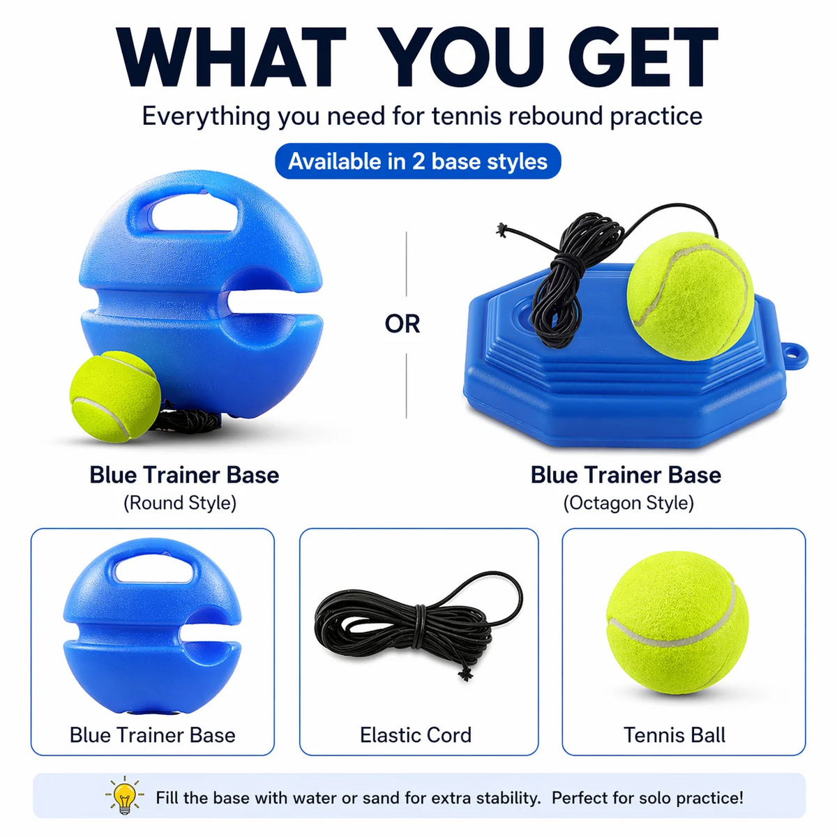 1A-Portable Tennis Trainer Rebound Ball Set Solo Practice Tool with Elastic Cord Training Base for Tennis Practice Anywhere