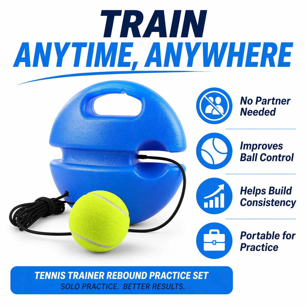 1A-Portable Tennis Trainer Rebound Ball Set Solo Practice Tool with Elastic Cord Training Base for Tennis Practice Anywhere