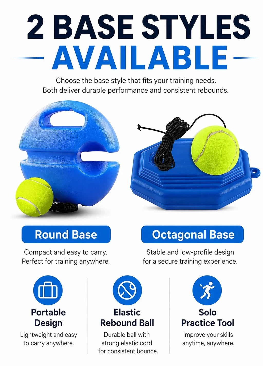 1A-Portable Tennis Trainer Rebound Ball Set Solo Practice Tool with Elastic Cord Training Base for Tennis Practice Anywhere